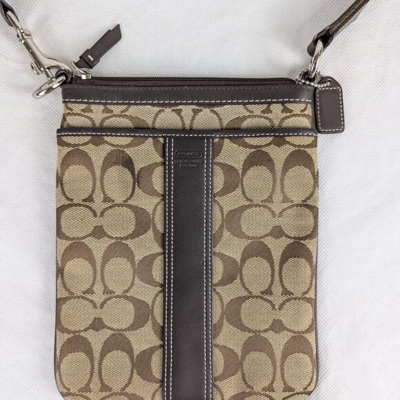 Vintage Coach Small Crossbody Bag Tan Logo Printed Canvas Brown Leather Accents - Picture 3 of 12